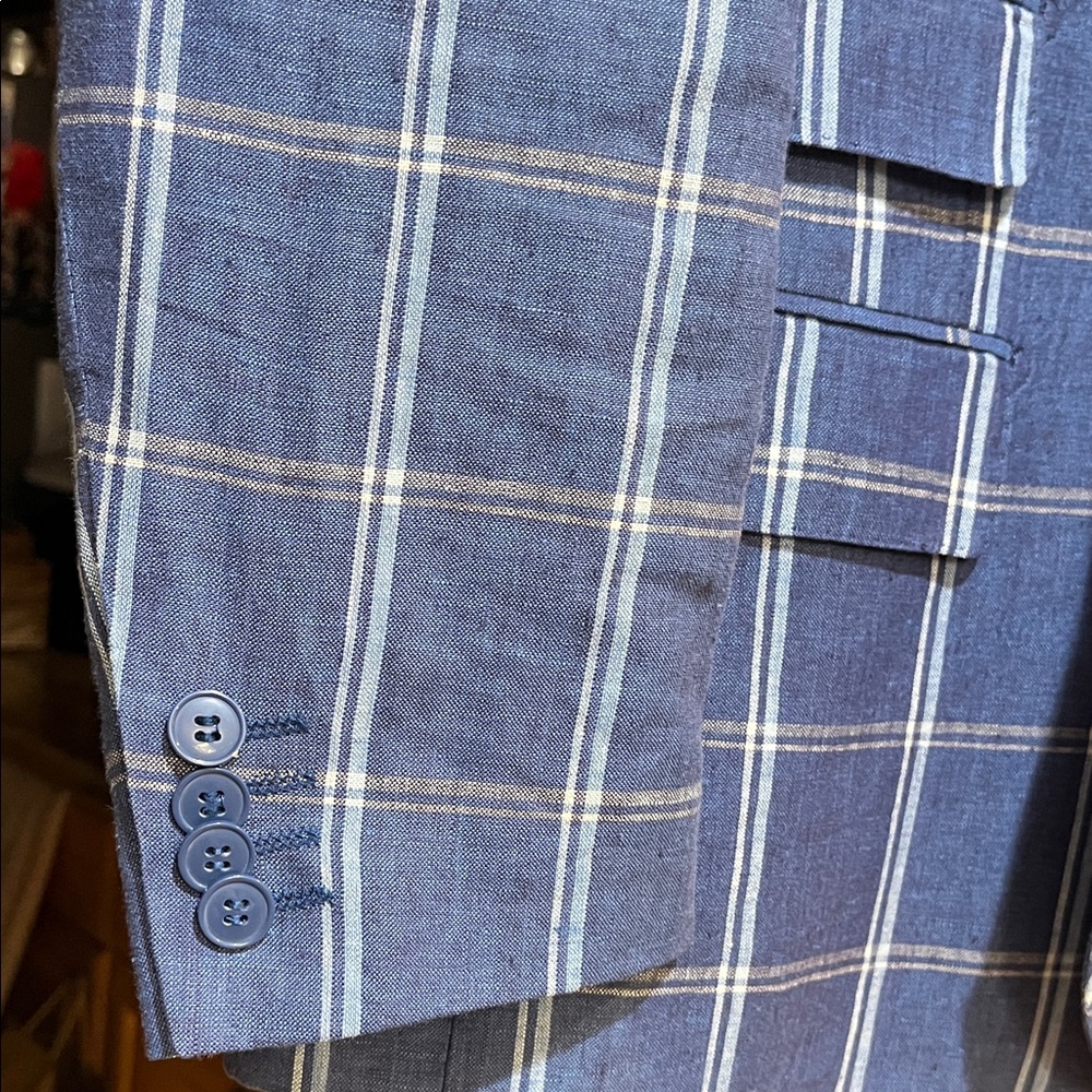 Men's Blue Linen Blend Waistcoat & Windowpane Blazer Set - Picture 4 of 7